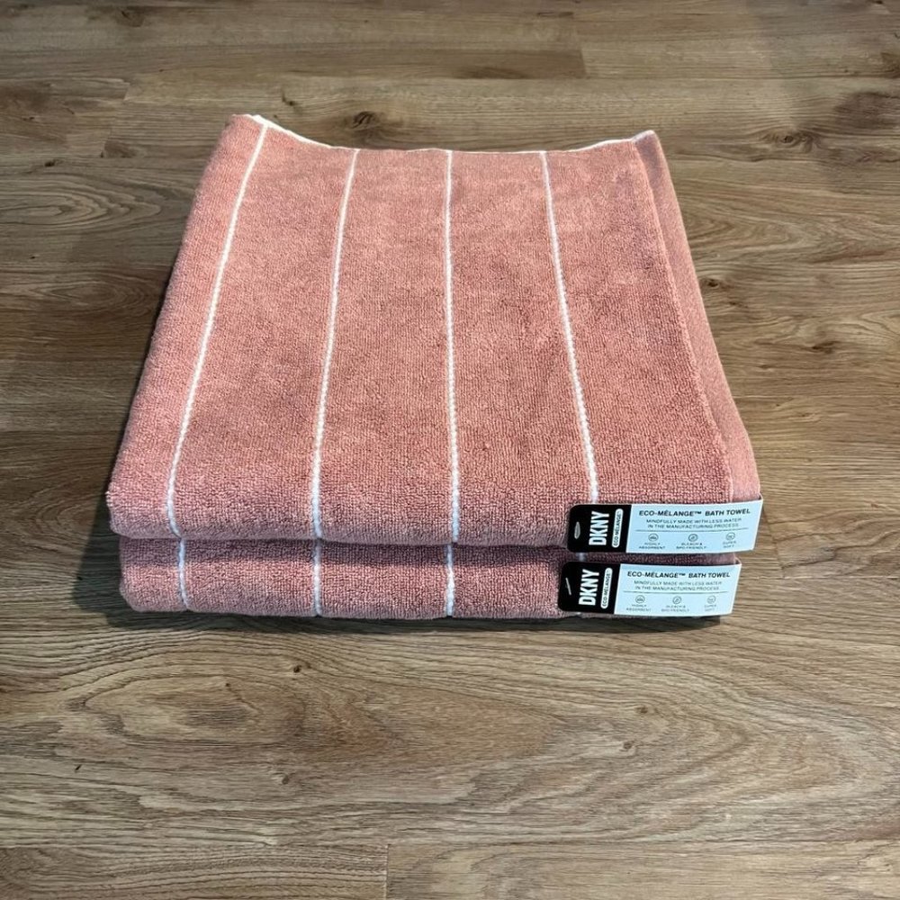 2 Pc DKNY Bath Towels Coral White Striped Dusty Melon Pink Eco Mélange